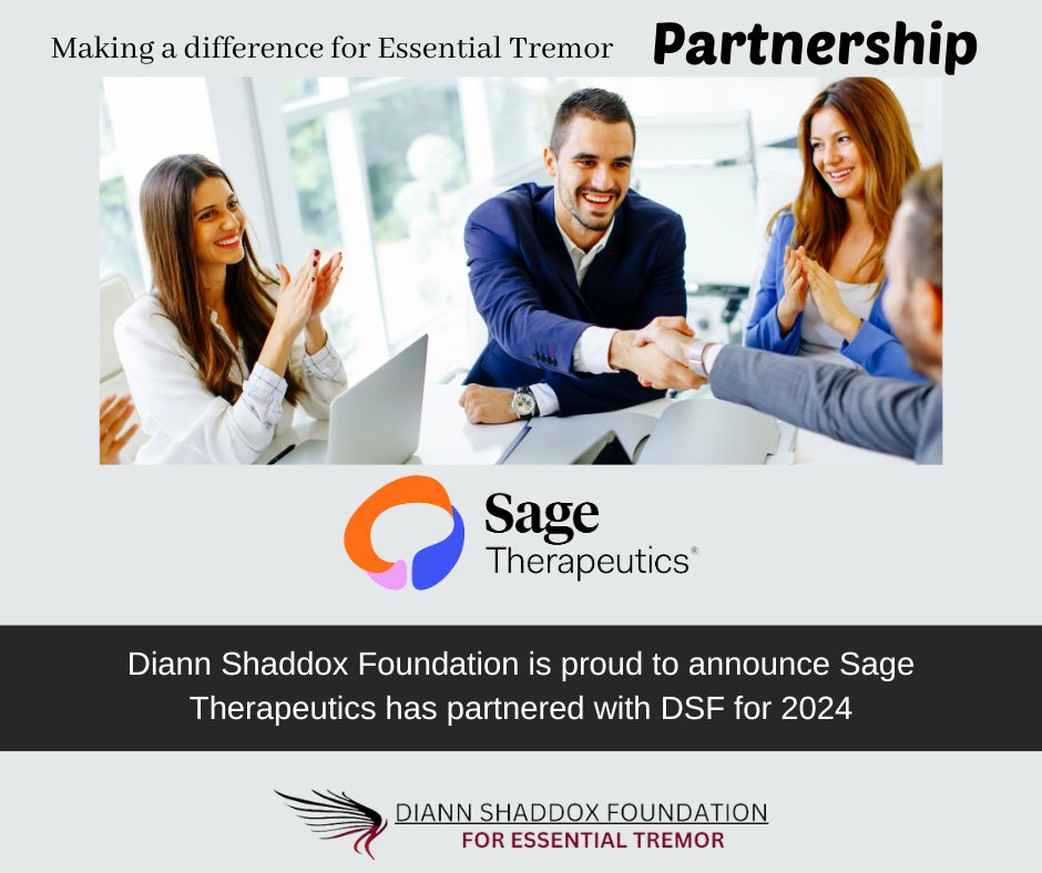 The Diann Shaddox Foundation for Essential Tremor is proud to announce that Sage Therapeutics has partnered with DSF in 2024. Making a difference for Essential Tremor. #essentialtremor #diannshaddoxfoundation #teamdsf @Diann_Shaddox sagerx.com @SageBiotech