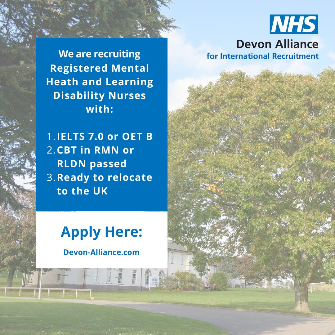 We are hiring experienced Registered Mental Health Nurses and Registered Learning Disability Nurses with more than 6 months of post registration experience to live and work beautiful in Devon, UK. You will need to have passed the RMN CBT or RLDN CBT Devon-Alliance.com