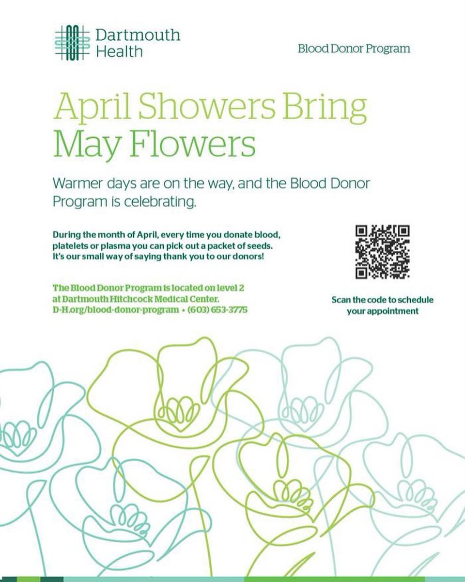 Donate blood at DHMC in April and pick out a package of flower or vegetable seeds to help start your garden. It's our small way of saying thank you. 🌸 Schedule your donation time - dartmouth-hitchcock.org/blood-donor-pr… #GiveBlood #DonateBlood #GardenForGood