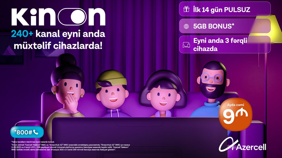 Azercell's tweet photo. Vəəə buduuur! Azərbaycanda ilk dəfə!
Azercell olaraq sənin üçün xüsusi video yayım platformasını təqdim edirik!
KİNON!
*800#YES yığ və ilk 14 gün PULSUZ izlə üstəlik kanalları izləmək üçün 5GB bonus əldə et! ✅
➡️Ətraflı: https://t.co/JKXxbuq42d
#Azercell #Kinon #AzercellKinon https://t.co/jg7Z8tVIw4