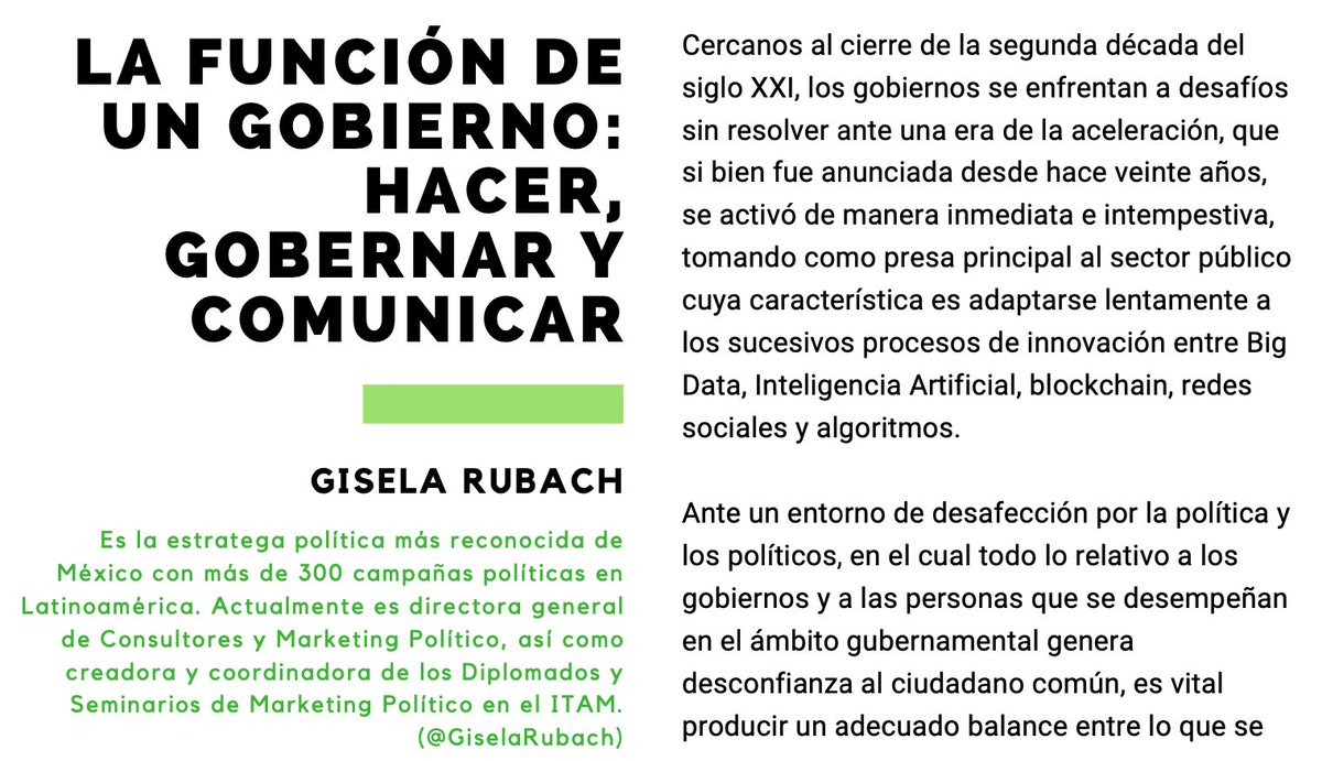 "La función de un #gobierno es: hacer, gobernar y comunicar".    

Te recomendamos leer un clásico contemporáneo de <a href="/GiselaRubach/">Gisela Rubach</a> en la revista <a href="/beerspolitics/">Beers&Politics</a>      

📌beersandpolitics.com/wp-content/upl… 

#CamañaPermante