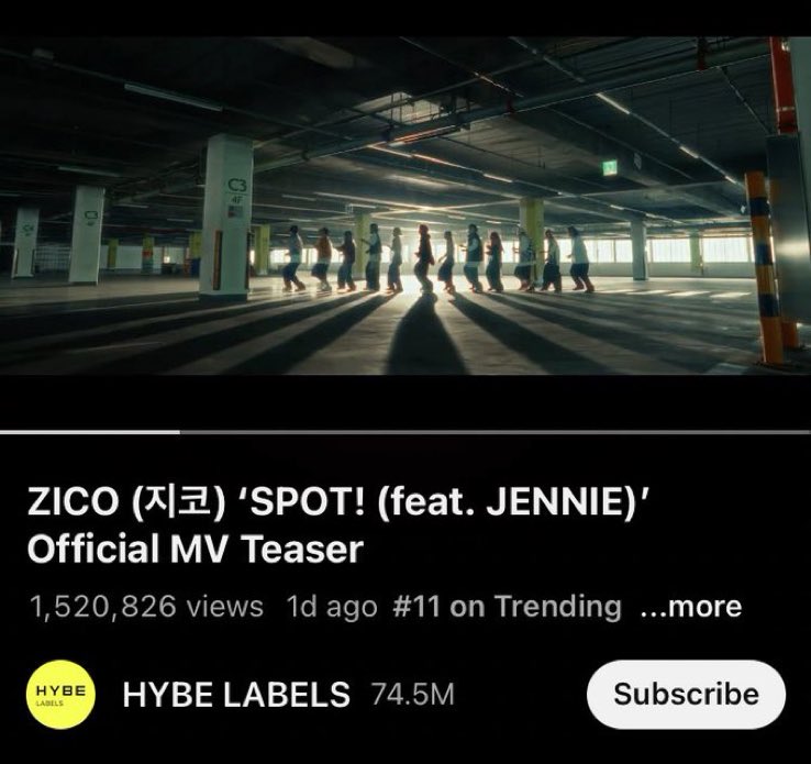 [240426] SPOT! MV Teaser is now trending at #11 (+1) in Youtube South Korea 

🔗 youtu.be/M0ZchrCnR2I

SPOT TEASER WITH JENNIE 
#D1TOSPOT 
 #JENNIE #제니 #OddAtelier