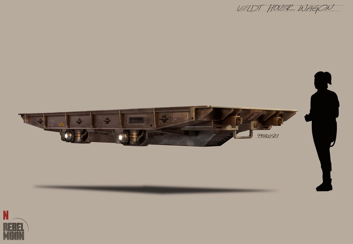 Veldt Hover Wagon – Rebel Moon. Final concept for the wagon seen during harvesting, based on Railway Flatcars suggested by PD Stephen Swain. They built it  full size mounted on a forklift. It was very cool to see in the film! 1/2
#rebelmoon #conceptart #digitalart #vehicledesign