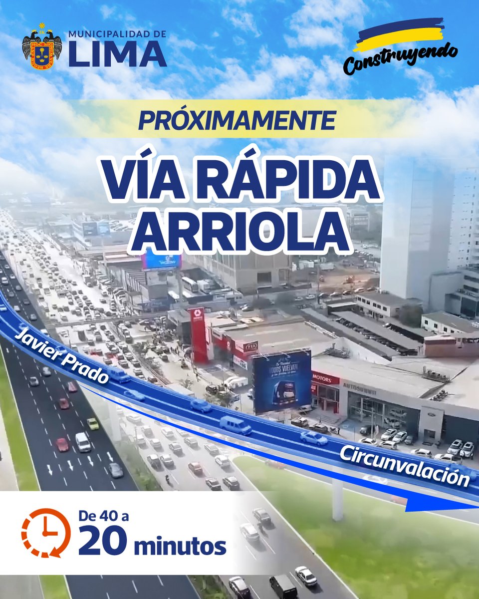 MuniLima's tweet photo. ✅ ¡Revolucionamos la infraestructura vial de Lima!
Presentamos la nueva vía rápida Arriola, un megaproyecto que descongestionará la av. Javier Prado permitiendo optimizar el tiempo de viaje a 20 minutos. ¡Avanzamos con obras! https://t.co/ZvZSXoYQp3