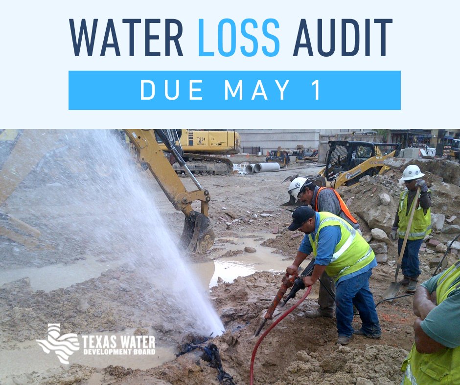 Reminder: Annual Water Loss Audits are due to the @TWDB on May 1. The audit helps utilities understand where and how much water is being lost from the distribution system and provides a baseline to track and improve water loss control. bit.ly/TWDB_WaterLoss #txwater