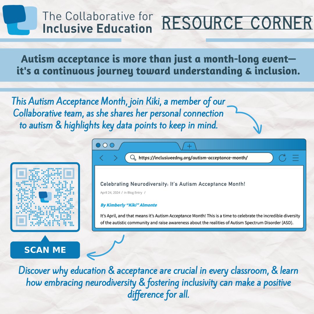 April is alive with celebrations, including #AutismAcceptance! 🌟 Let's commit to year-round learning &amp; sharing. Check out our latest blog post for intriguing data points &amp; resources to learn more. Scan the QR code or visit inclusiveedny.org/autism-accepta… to learn more!