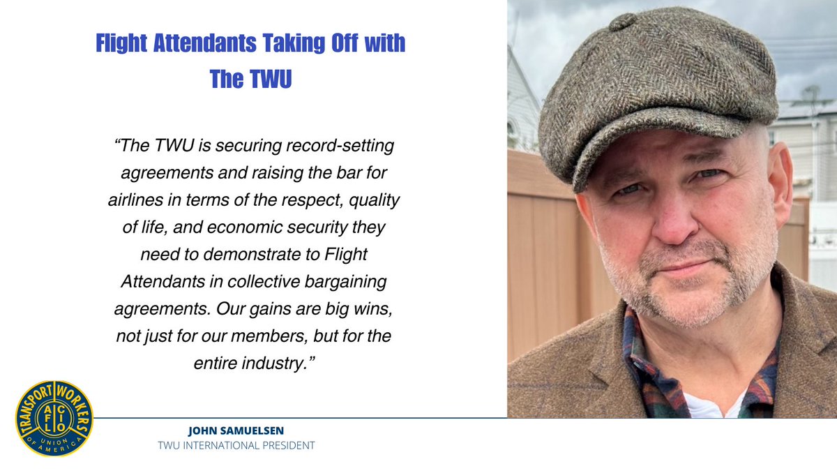 Flight Attendants are Taking Off with The TWU! New contract @SouthwestAir - Immediate 22% raises. Wages rising 34% by 2027! New contract @Allegiant - Immediate 25% raises on avg. Wages going up 41% on by 2028! Updated agreement @Jetblue wages up 17% by Jan. 2025. @TwuSamuelsen