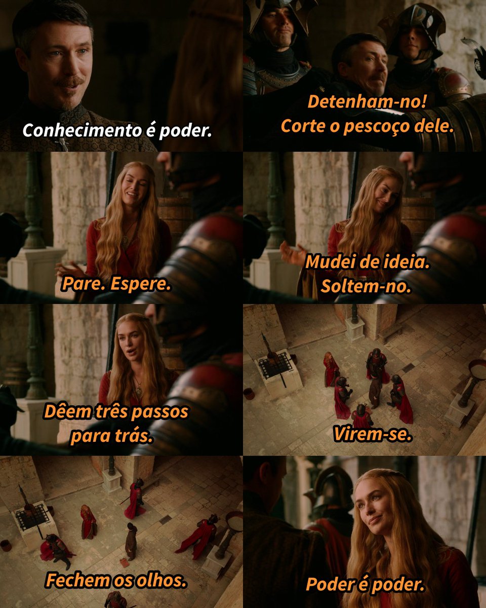 o dia q em q cersei lannister deu um apavoro histórico no mindinho dps dele fazer uma ameaça velada sobre o relacionamento incestuos0 entre jaime e ela. nasceu ali uma das frases mais marcantes de game of thrones e do audiovisual. saudade de uma personagem linda e maquiavélica