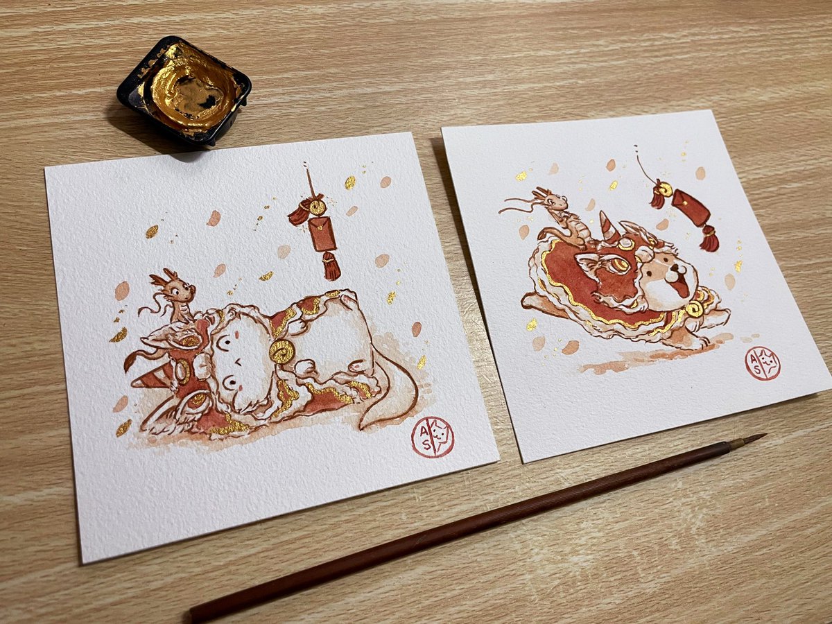 New paintings added to my Etsy shop &amp; a sale! 15% off on all original paintings until May 4th. Also temporarily closing my Etsy and Ko-Fi shop after the sale for a couple weeks, so definitely check them out! #liondance #yearofthedragon #cat #corgi #watercolor #illustration