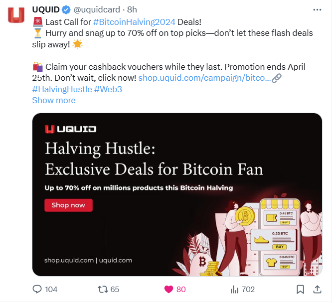 @cryptojack anyone hope on the $BTC? Anw, I just watch and join some event instead. Like this one from #UQUID in occasion of #BitcoinHalving2024