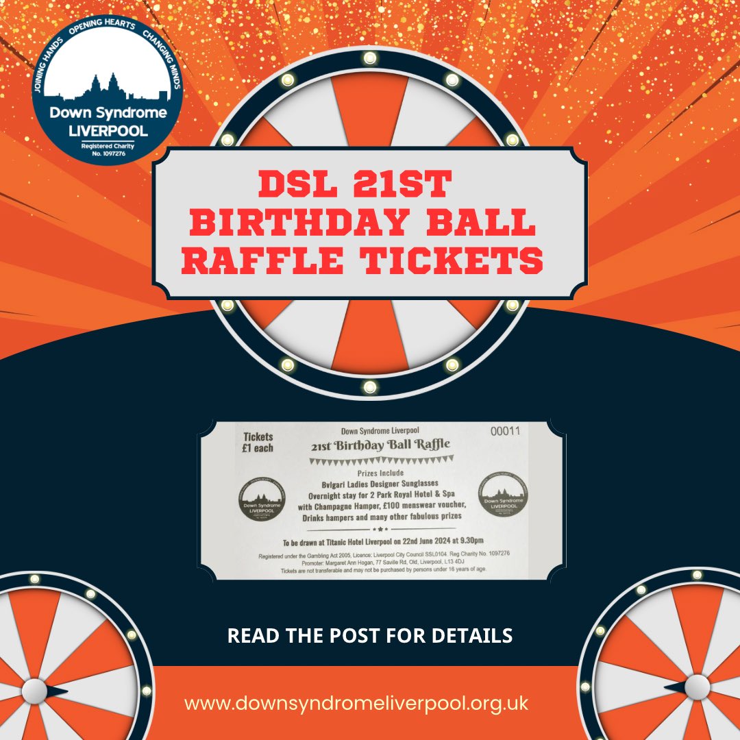 Down Syndrome Liverpool (@downsyndromelpl) on Twitter photo Our 21st Birthday Ball raffle tickets have now been printed & are available to purchase.
There are some absolutely fantastic prizes available DM any of the trustees or by emailing Margaret at hoganann5@hotmail.co.uk
Good luck!🤞
#downsyndrome #downsyndromeliverpool #liverpool Our 21st Birthday Ball raffle tickets have now been printed & are available to purchase.
There are some absolutely fantastic prizes available DM any of the trustees or by emailing Margaret at hoganann5@hotmail.co.uk
Good luck!🤞
#downsyndrome #downsyndromeliverpool #liverpool