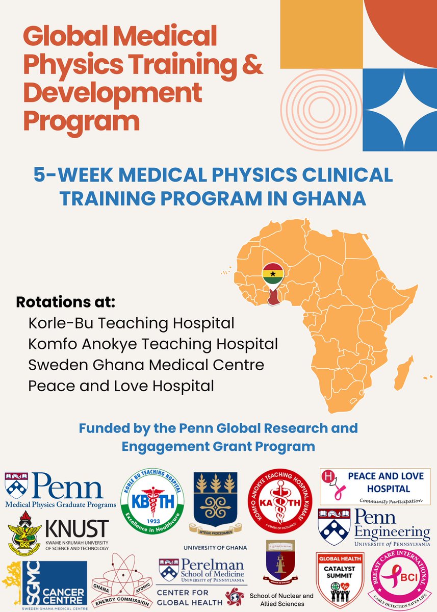 📢 Thrilled to announce we will be starting our global #medphys training program in Ghana this summer through funding from @PennGlobal! Thanks to an amazing collaborative team, students will spend 5 weeks training in Accra and Kumasi. @DrS_Avery @UPennCGH @haspee1 @bcighana