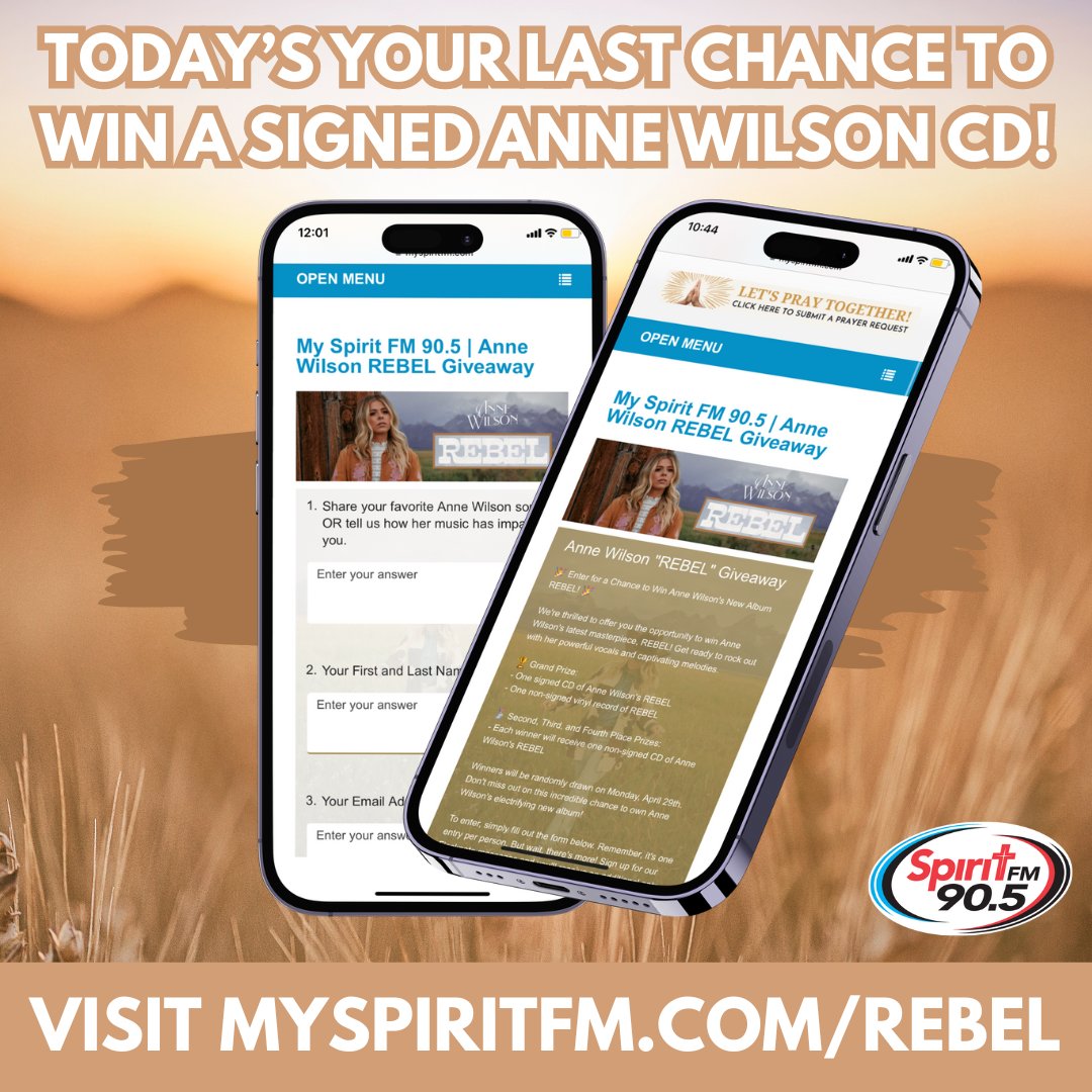 Today is your LAST chance to enter to win a signed copy of Anne Wilson's new album REBEL! Visit MySpiritFM.com/REBEL to enter before 11:59pm tonight! 👩‍💻 #LiveWithSpirit #AnneWilson #REBEL #AnneWilsonREBEL