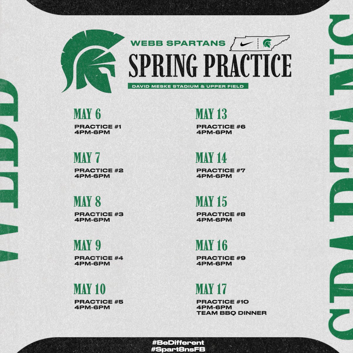Spring Practice is almost here! All college coaches are welcome to come and watch our Spartans! #BeDifferent #Spart8nsFB