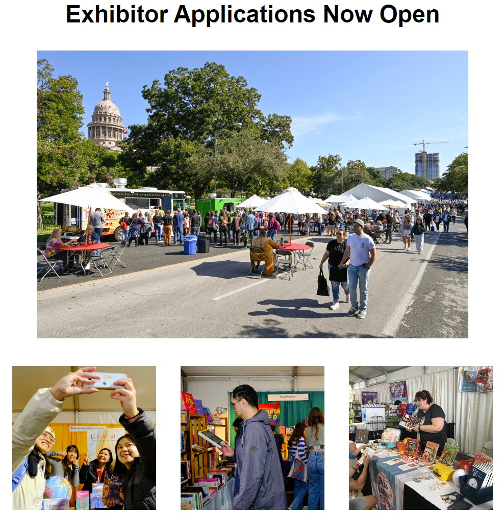 INDIE PRESSES, BOOK SELLERS, WRITERS' ORGS! Exhibitor applications are now open for the 2024 @texasbookfest. Apply by August 16th -- spaces fill up FAST, so don't delay. Learn more: texasbookfestival.org/exhibitorappli…