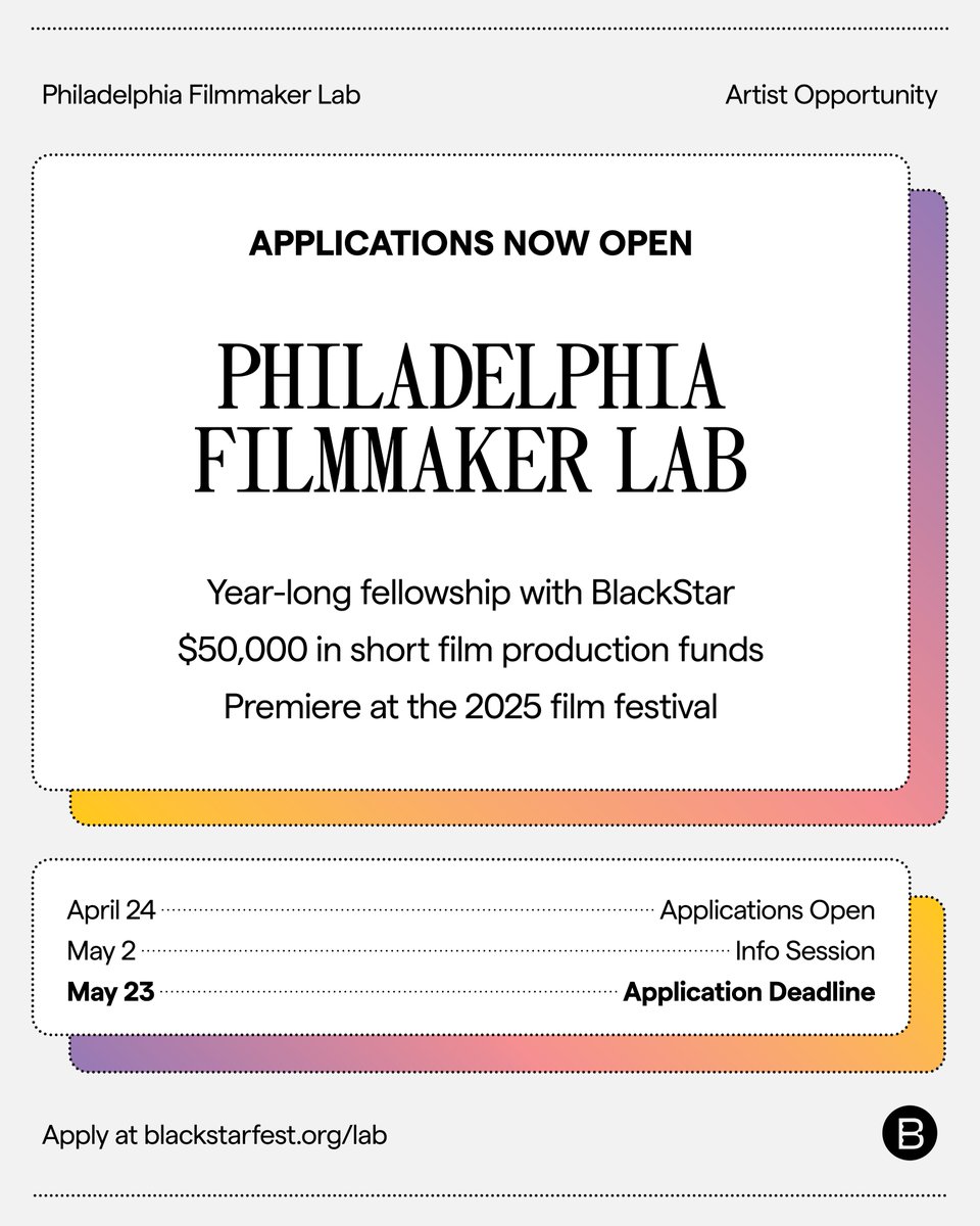 We are excited to share the return of our Philadelphia Filmmaker Lab, a year-long fellowship for Black, Brown & Indigenous filmmakers! The 2025 lab will provide participants with $50K in production funds and expert mentorship on their short films. Apply: blackstarfest.org/lab/