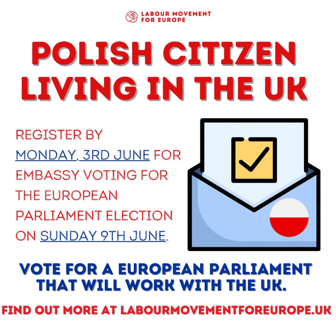 Polish living in the UK or know someone who is? You can still vote in the European elections if you register now for embassy voting and help elect a European Parliament that will work with the UK. Find out more in: elections.europa.eu/pl/how-to-vote…