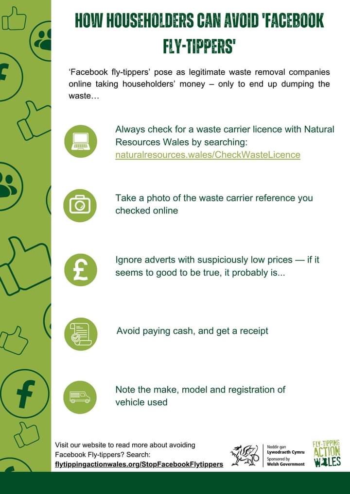 There are growing numbers of scammers posing as registered waste carriers in Facebook groups.

✨ Fly-tipping Action Wales have provided an excellent informational poster, with top tips on how you can avoid Facebook fly-tippers!

#StopFacebookFlytippers