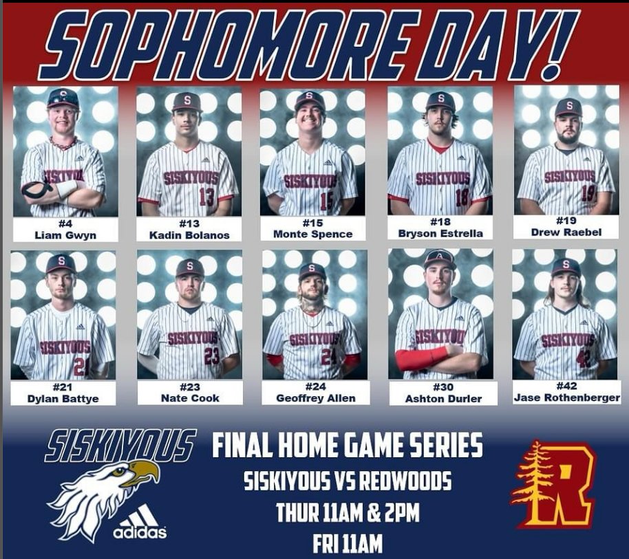 SOPHOMORE DAY!
Siskiyous vs Redwoods 3 Game Series
Thursday 11AM & 2PM
Friday 11AM
Today we will be honoring our 10 Sophomores at 10:30am before our Series with Redwoods. We would like to thank each of them for their dedication and commitment.

LIVESTREAM IN BIO

GO EAGLES!🦅