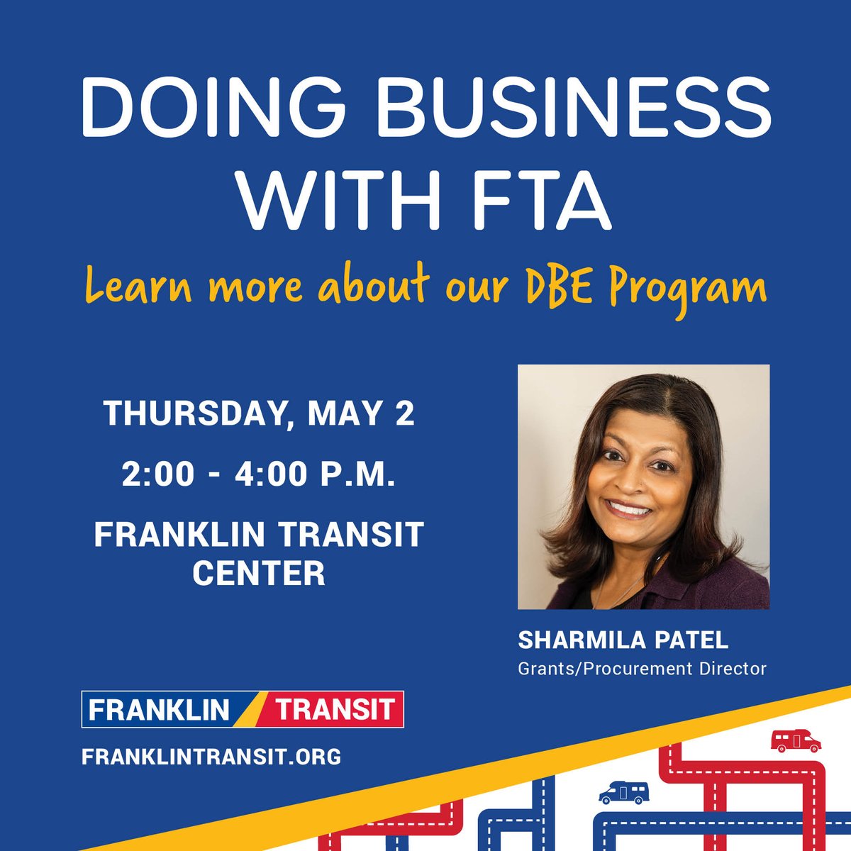 If you have a minority or woman-owned business and are interested in becoming certified as a DBE, I hope you’ll join us at the transit center on Thursday, May 2 between 2:00 and 4:00 to learn more!

Contact Sharmila Patel, spatel@tmagroup.org, 615-628-0270 🌟

 #EquityMatters