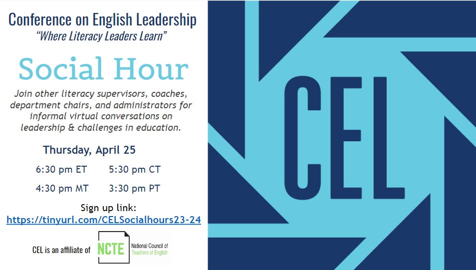 TONIGHT! Join our virtual social hour and connect with other literacy supervisors, coaches, department chairs, teacher leaders and administrators for easy virtual conversations on the matters of leadership! Thursday, April 25, 6:30 p.m. ET. Learn more: tinyurl.com/CELSocialhours…