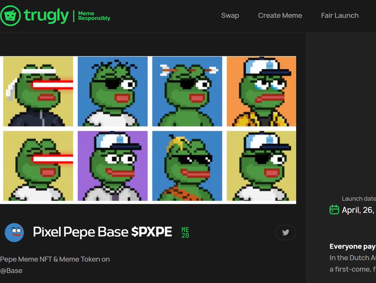 🪙🪙🪙 $PXPE is coming!! 

💎Launch Details

-Supply: 8,888,888,888.
-Date: April, 26 / 17:00 UTC

-Launch on @TruglyMeme 

👉Link: trugly.meme/memeception/PX…