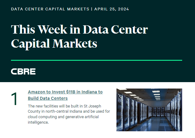This Week in Data Center Capital Markets – April 25, 2024: lnkd.in/dticzvzi

Email allie.surges@cbre.com to be added to the weekly email distribution.

#datacenter #investmentproperties #capitalmarkets
#commercialrealestate #datacenters #datacentre
#datacentres #cloud