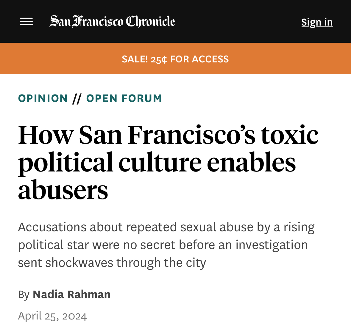 As an organizer in SF politics, I've seen 1st hand how the city's toxic political culture enables abusers + people w/influence look away from the behavior of their problematic friends & allies. It's time to start calling people out for bad behavior 🧵 sfchronicle.com/opinion/openfo…