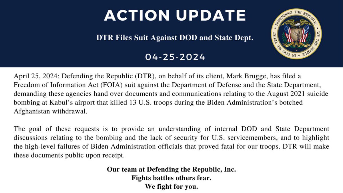 🚨DTR Files Suit against DOD and State Dept. Read the complaint here: defendingtherepublic.org/brugge-v-depar…