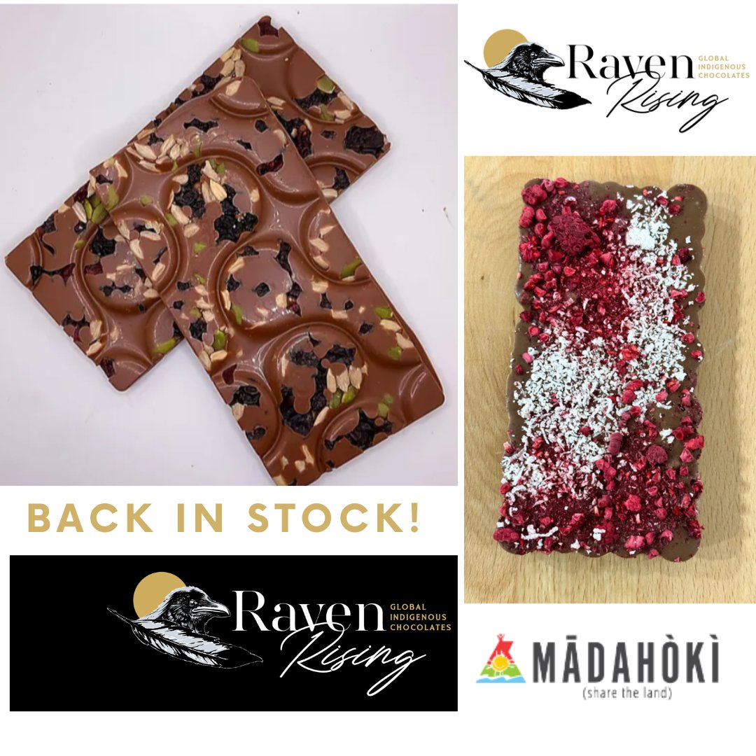 🐦‍⬛ RAVEN RISING – Global Indigenous Chocolates ✨ BACK IN STOCK at Mādahòkì Market, 4420 West Hunt Club Road. Shop online 24/7 at: ssif-virtual-marketplace.myshopify.com/collections/ra… #MadahokiFarm #IndigenousMakers @RavenRisingLtd