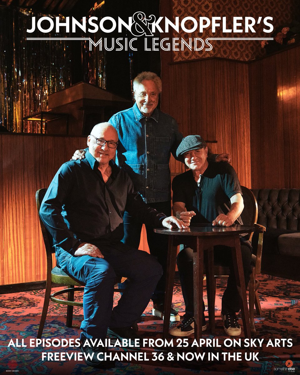 RealSirTomJones's tweet photo. It was lovely to be asked to join Brian Johnson &amp; Mark Knopfler in a conversation for their wonderful new Music Legends series. I had a great time with these guys, and you can see it all happen on @SkyArts, Freeview and NOW. 
#Johnsonandknopflersmusiclegends
#SkyArts https://t.co/QjiVAnD7d2