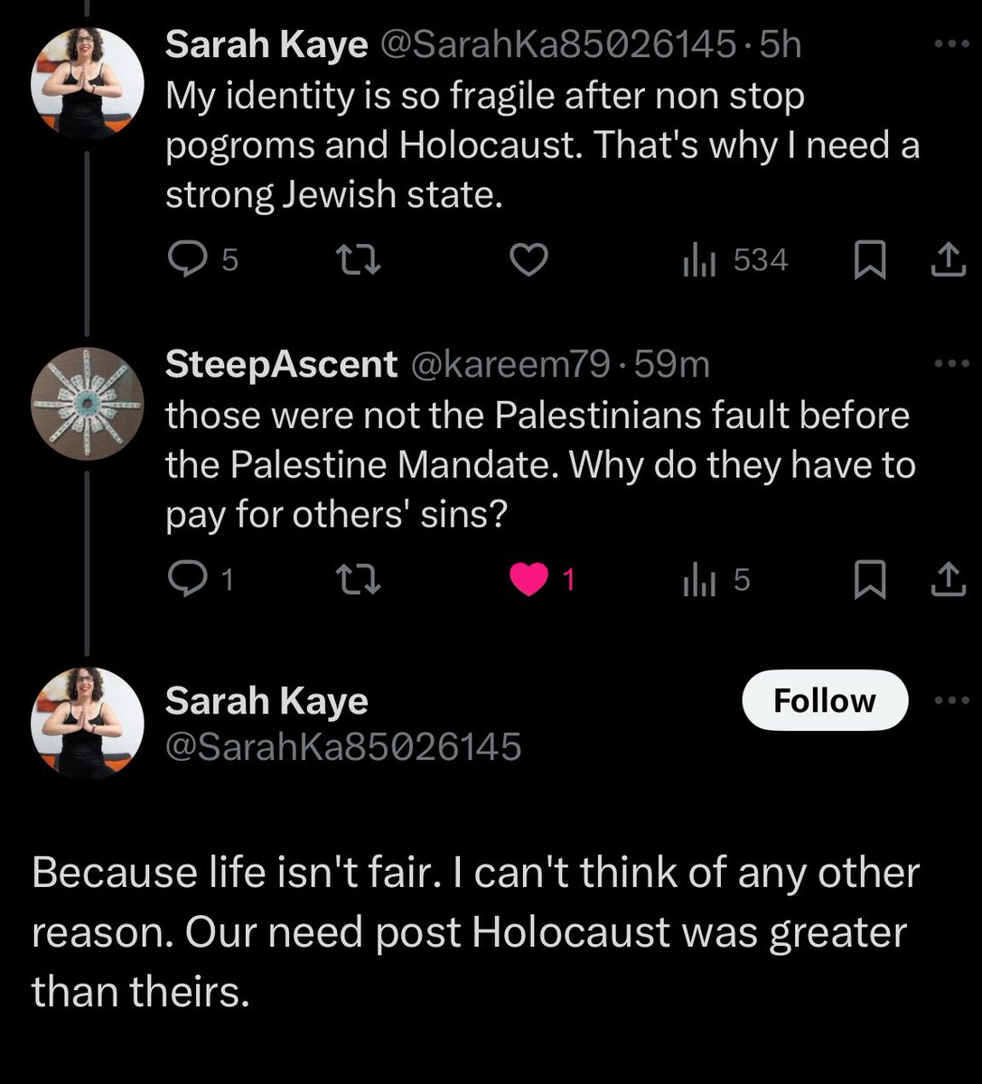 This is a fascinating exchange, mostly because, while I vehemently oppose Sarah’s position, she is actually being honest to how she feels (in spite of that being deeply wrong and unjust). There are no attempts to weaponise antisemitism as a tool of misdirection, but instead an