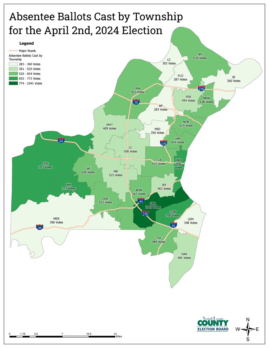 Interested in finding out where St. Louis County voters cast absentee ballots in the April 2 General Municipal Election? Our Mapping department put together a map that shows the results across the county - check it out! #STLCountyVotes #TrustedInfo2024 #election2024