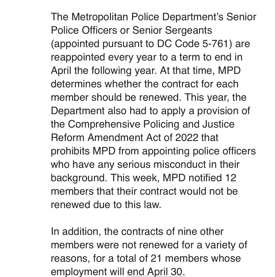 #Update from @DCPoliceDept spokesperson: 21 Sr. Officers (formerly retired) last day is April 30th due in part because of law that prohibits officers with “serious misconduct” to be hired. Full statement below: ⬇️ @wusa9