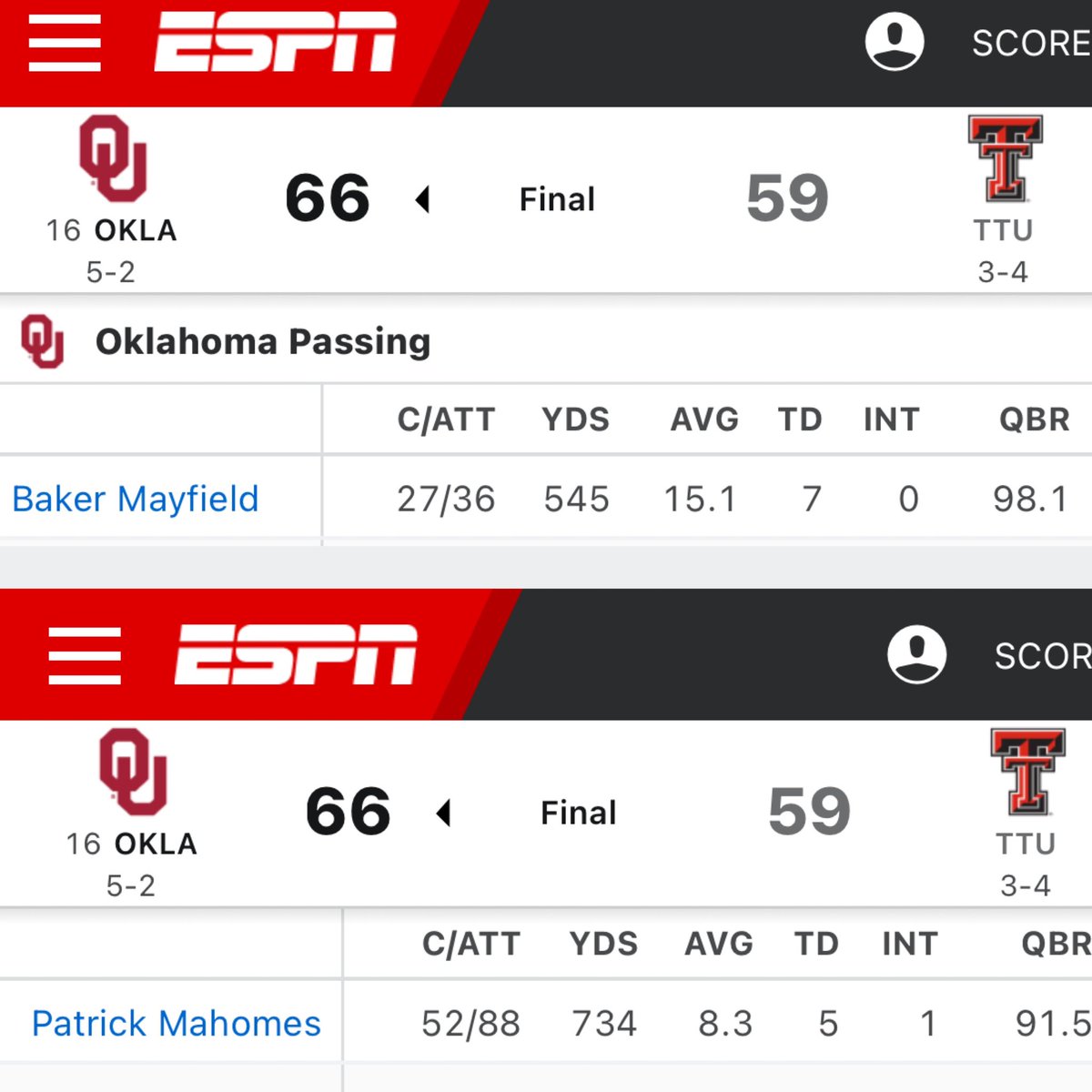 NFLSpectator's tweet photo. That time Mahomes threw 734 yards for a loss https://t.co/W2QlR4gRKD