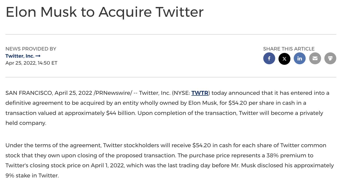 Two years ago today, Elon Musk signed a merger agreement to acquire Twitter for $44 billion. From that point on, everything went really well and both sides walked away happy! Sometimes business deal are just no-hassle and that's OK!