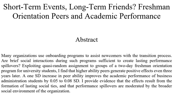 🚨New WP: “Short-Term Events, Long-Term Friends? Freshman Orientation Peers and Academic Performance” papers.ssrn.com/sol3/papers.cf… 🧵1/5