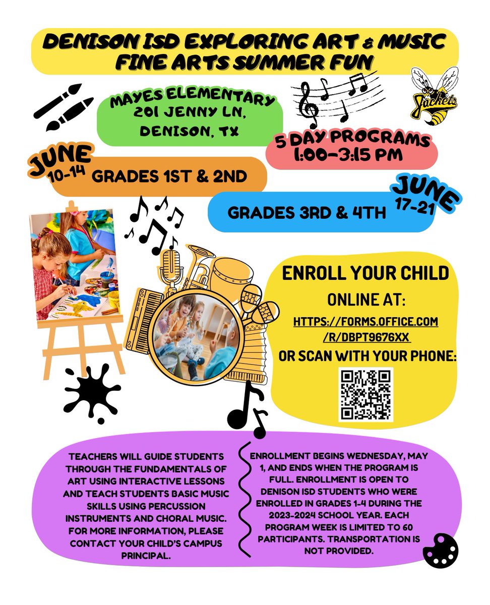 Check out this Summer Art and Music Learning Opportunity for 1st through 4th grades! Enroll your DISD student today!