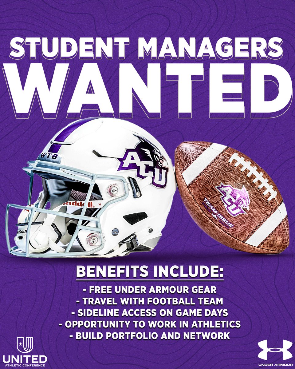 🗣️We are still in need of some 𝐒𝐭𝐮𝐝𝐞𝐧𝐭 𝐌𝐚𝐧𝐚𝐠𝐞𝐫𝐬 for next season‼️ ⏩ Must be a FULL-TIME ACU Student ⏩ Opportunity to work for D1 Football Team ⏩ Additional Benefits and Perks For more information contact Payden Eason at pse17a@acu.edu #CDT | #GoWildcats