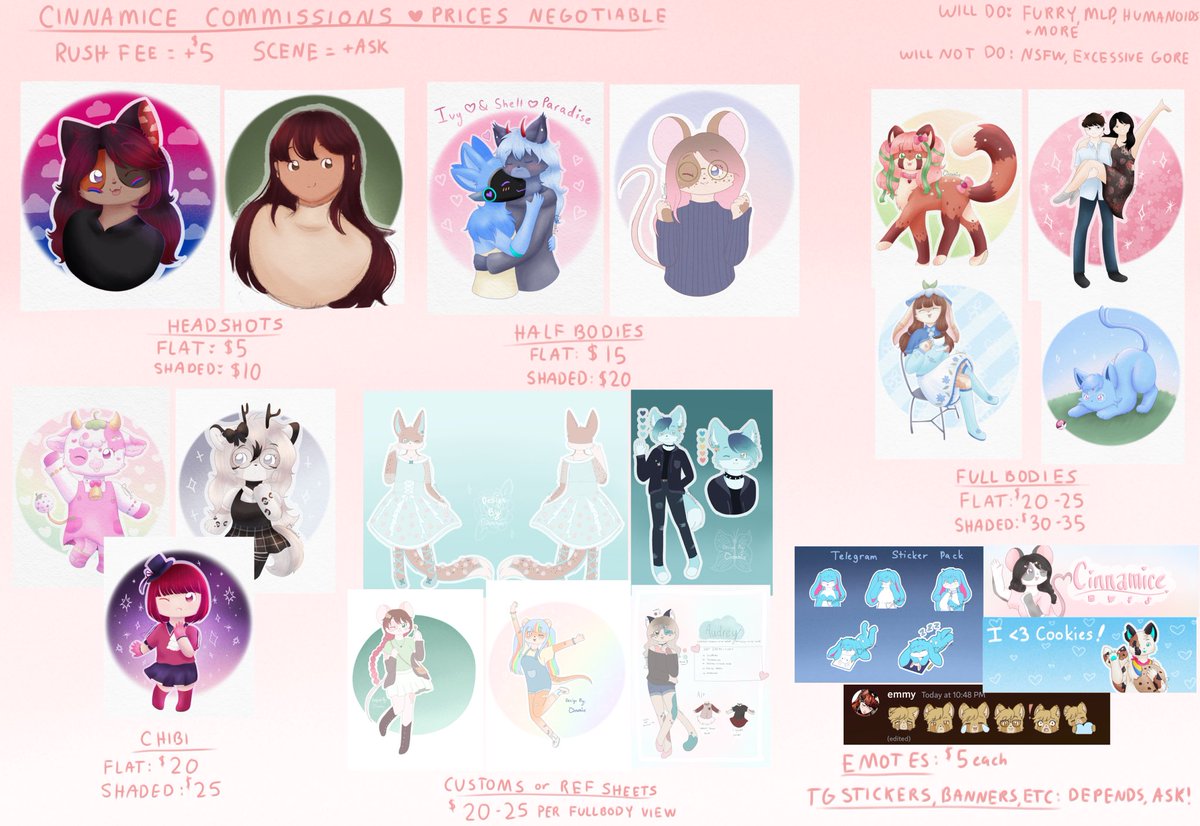 cinnamice's tweet photo. Finally made a comm sheet to post! Stuff on here is still slightly subject to change I think but I think it’s somewhat solid for now :0

Contact me on here, insta, bsky, discord or Facebook, same handle everywhere 

#furry #furryart #commsopen #furryfandom https://t.co/qaOGJFzAuw