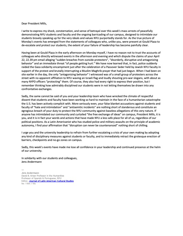 My letter of no confidence to @NYU President Linda Mills. #NYU #GazaSolidarityEncampment