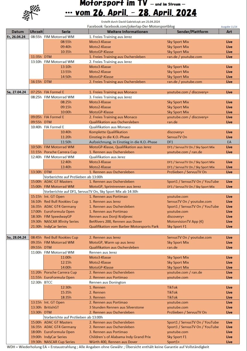 •• Die 'Motorsport im TV Übersicht' (26.-28.04.'24) ••

➡️ @MotoGP via #ServusTV 
➡️ @DTM via @ProSieben
➡️ @gtmasters via @SPORT1

#MotoGP #Jerez #NASCAR #IndyCar #DTM @Alex_66 @AndreaKaiser @FinkPete @stefan_ehlen @AndreWiegold @Tobi_Ebner_90 @GTtalk_de @SkySportDE