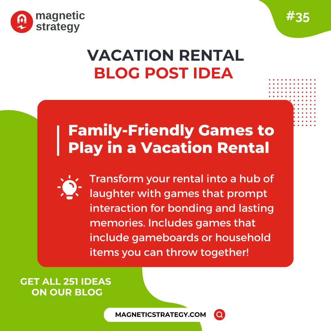 Transform your rental into a hub of laughter with games that prompt interaction for bonding and lasting memories. Include all types of games.

#vacationrentals #vacationrentalmanagers #vrm #shorttermrentals #propertymanagers #propertymanagement #blogging #contentideas