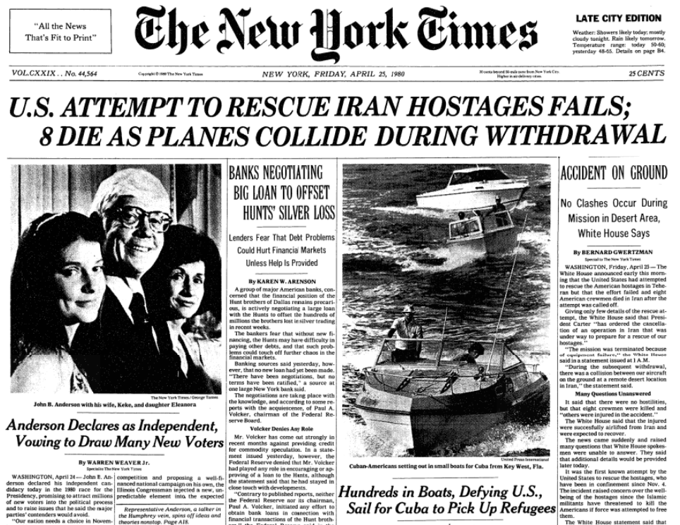The New York Times on this date April 25 in 1980: Operation Eagle Claw, a commando mission in Iran to rescue American embassy hostages, is aborted. Eight United States troops are killed in a mid-air collision during the failed operation. #OTD