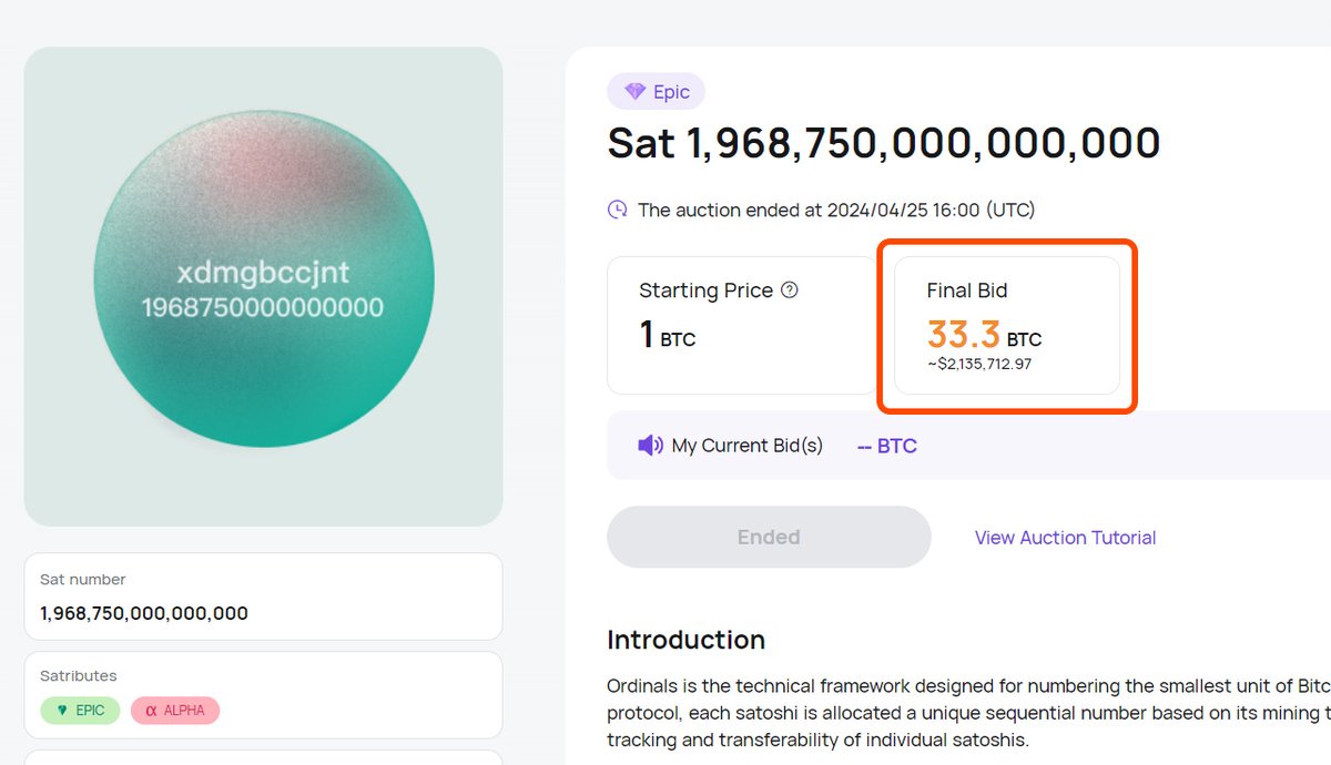 the EPIC SAT sold at auction for 33BTC ($2.1m) and you're still fading..

no matter what metaprotcol comes and goes on Bitcoin.. rare sats will always be here