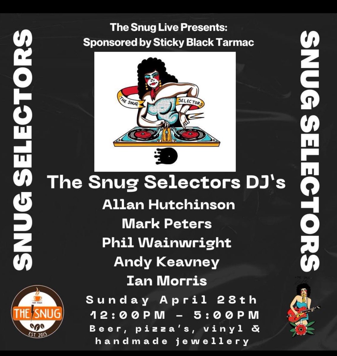 Join us this Sunday for a fantastic lineup of DJs spinning the best tunes all day long alongside @stickyblacktar🕺💃 🗓️ Date: THIS SUNDAY 🕒 Time: 12PM - 5PM 📍 Venue: The Snug Featuring Djs: Allan Hutchinson @talktopeters Phil Wainwright Andy Keavney Ian Morris FREE EVENT!