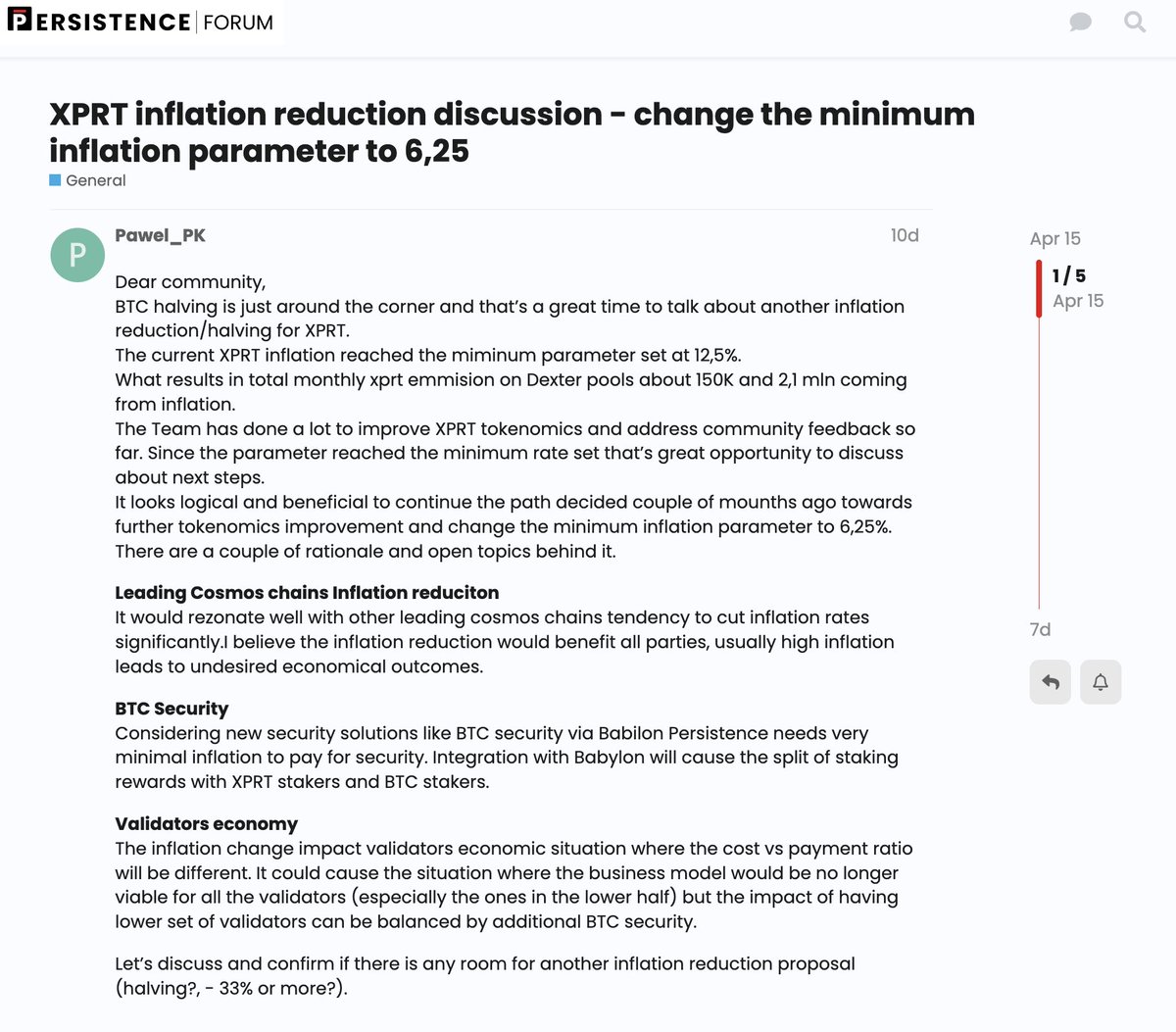[Forum discussion ongoing] A discussion to reduce $XPRT inflation and change the minimum inflation parameter to 6.25% was initiated a few days ago by @Pawel_Crypto_, an active member of the Persisters community. Share your thoughts 👉 forum.persistence.one/t/xprt-inflati…