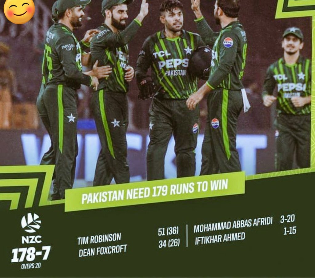 🇳🇿New Zealand vs 🇵🇰Pakistan 4th T20I
🇳🇿New Zealand scored 178-7 in First inning.
Brilliant Bowling by Abbas Afridi , Usama Mir , Muhammad Amir and Good fielding display by Iftikhar and Shadab Khan to restrict Kiwiz to 178-7 in 20 overs.
