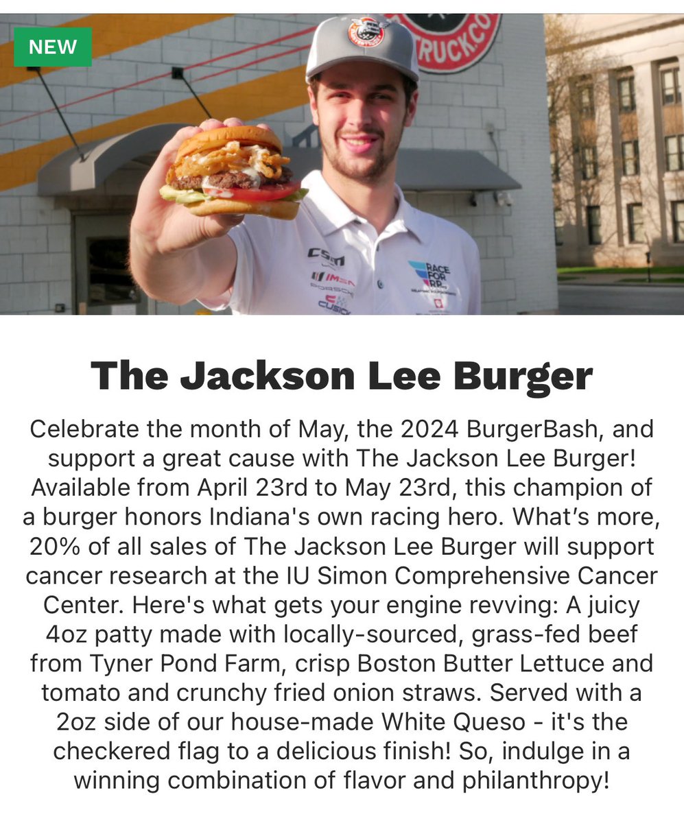 Who’s Hungry? The Jackson Lee Burger is now available through race day May 26! Order @clustertruck and 20% of sales on my burger will go to support cancer research with the @iusimoncancercenter. #researchcurescancer clustertruck.com/menu