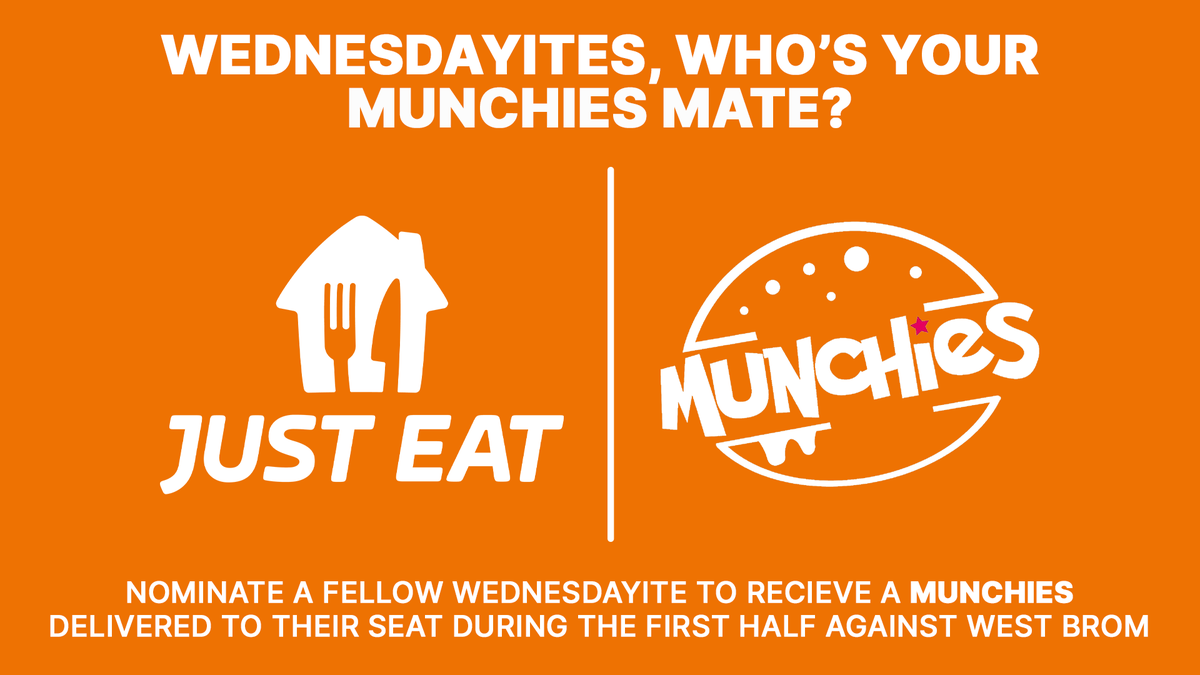 Nominate your Munchies mate, Wednesdayites!

One lucky supporter will have a Munchies meal delivered directly to their seat during Saturday's game courtesy of <a href="/JustEatUK/">Just Eat UK</a> 😋

Simply like, repost and comment who you'd like to receive the delivery! 🤝

Good luck! #SHWWBA